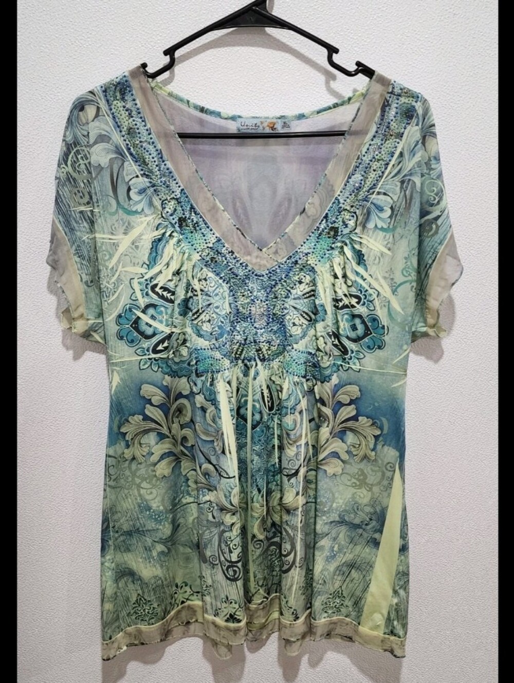 Unity World Wear Blouse Green Size XL Sheer Mesh Beads Fairy Whimsical Y2K
